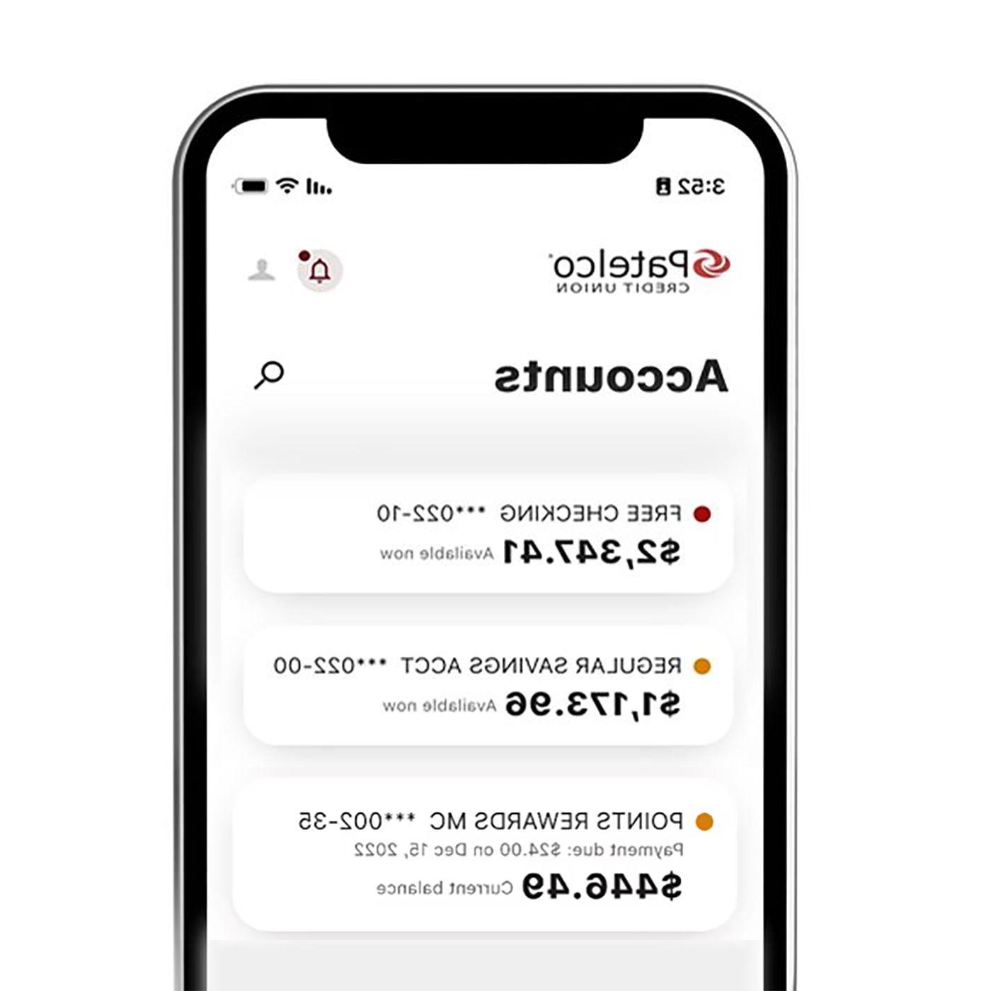 Patelco Credit Union's mobile app showing the account view