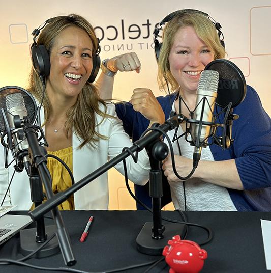 Patelco employees Michele Enriquez and Tiffany Keiffer at the podcast desk